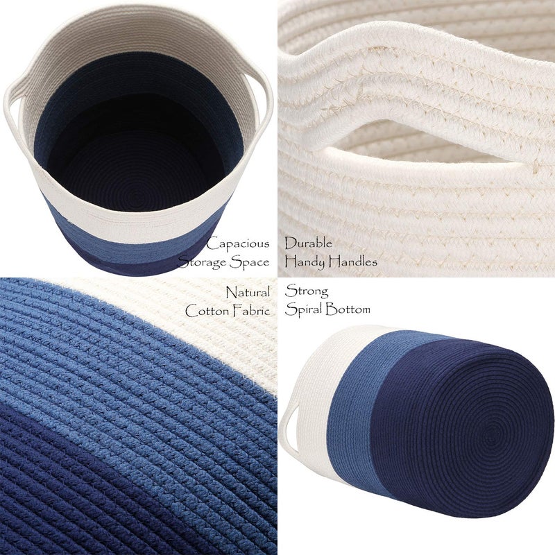 Sea Team Large Size Cotton Rope Woven Storage Basket with Handles, Laundry Hamper, Fabric Bucket, Drum, Clothes Toys Organizer for Kid's Room, 20 x 14 inches, Round Open Design, White & Navy - Image 4